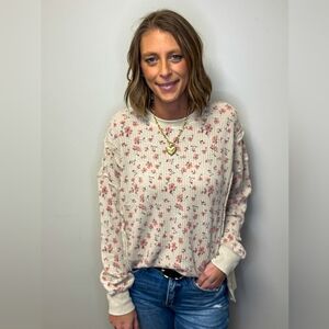 Easel Cream Pink Floral Waffle Knit Oversized Top M Cottagecore Boho Raw Seam